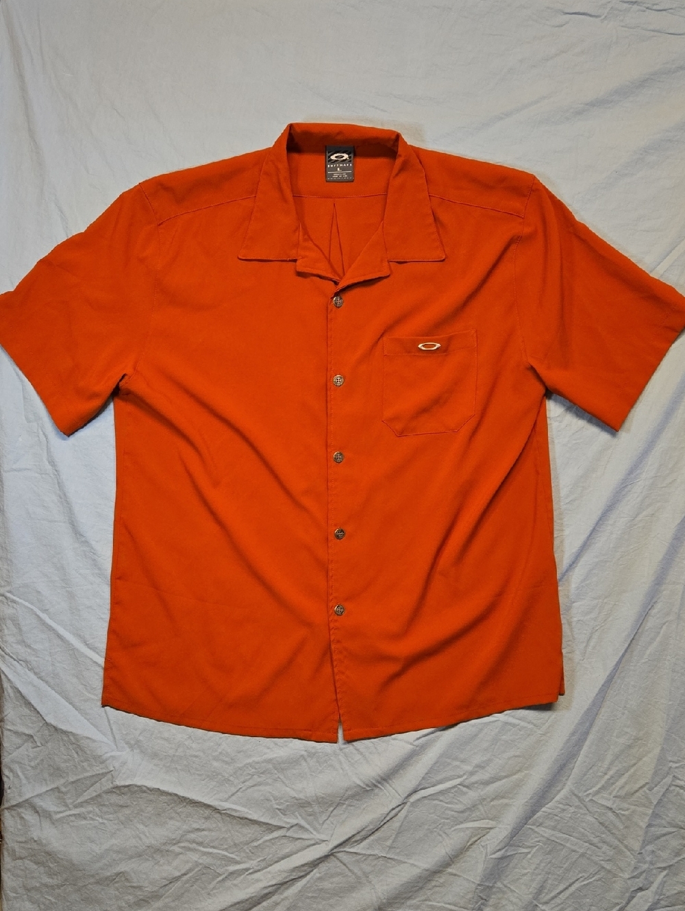 Oakley Software Orange Short Sleeve Button Down Metal Emblem Logo Polo Shirt 90s